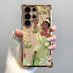 Princess Tiana Frog Prince Kiss Pattern Phone Case,Electroplated Cover with Airbag Shockproof Slim Soft TPU Cover for Samsung S26 S25 S24 S23 S22 Ultra S25Edge S24FE Plus S25+ Cute Cartoon