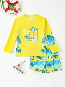 “Surf Time” Kids’ Swim Set, Cartoon Shark & Palm Tree Print, Perfect for Beach Play—Long-Sleeve Top and Shorts 2-Piece Set, Essential for Sun Protection and Water Resistance