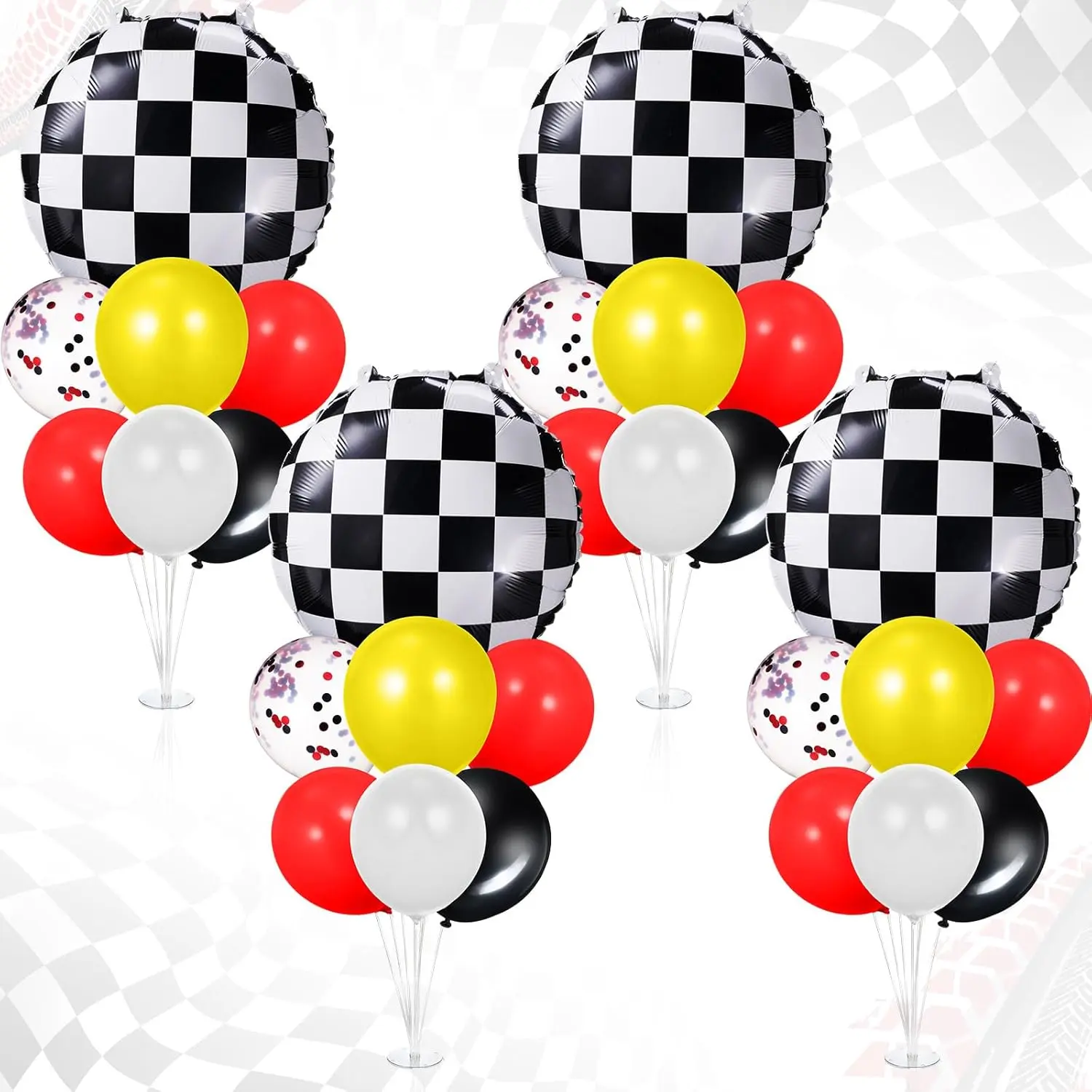 Race Car Balloon Stand Kit Set of 4 Table Centerpieces with Checkered Theme Balloons Party Decor