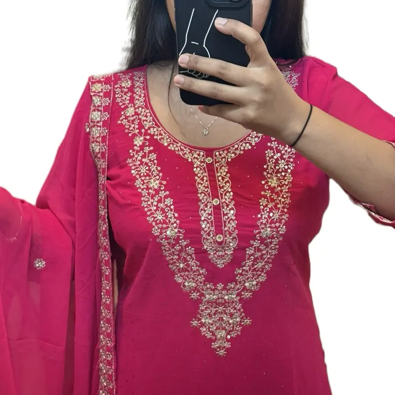 Women's Traditional Rani Pink Meticulously Crafted Embroidered 3-Piece Kurta Set - Asian Ethnic Clothes with Matching Salwar Pants, Dupatta, Long Sleeves Round Neck Top, Relaxed Fit for Special Occasions