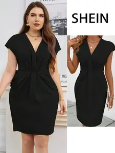 Clasi Plus Size Solid Color V-Neck Pleated Summer Elegant Dress