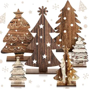 6 Pcs Wooden Christmas Tree Tabletop Decor, Rustic Wood Xmas Centerpiece Sign, Farmhouse Style Home & Office Decoration, Home Decor Ornament