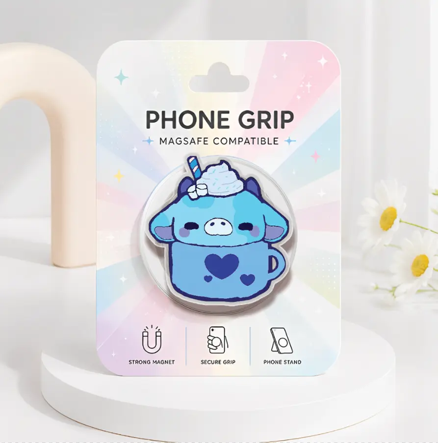Blue Cream Highland Cow MagSafe Phone Grip, Cute Coffee Cup Animal Acrylic Phone Holder, Blue Cow Kindle Grip, Kawaii Animals Pop Socket, Cute Gift for Her