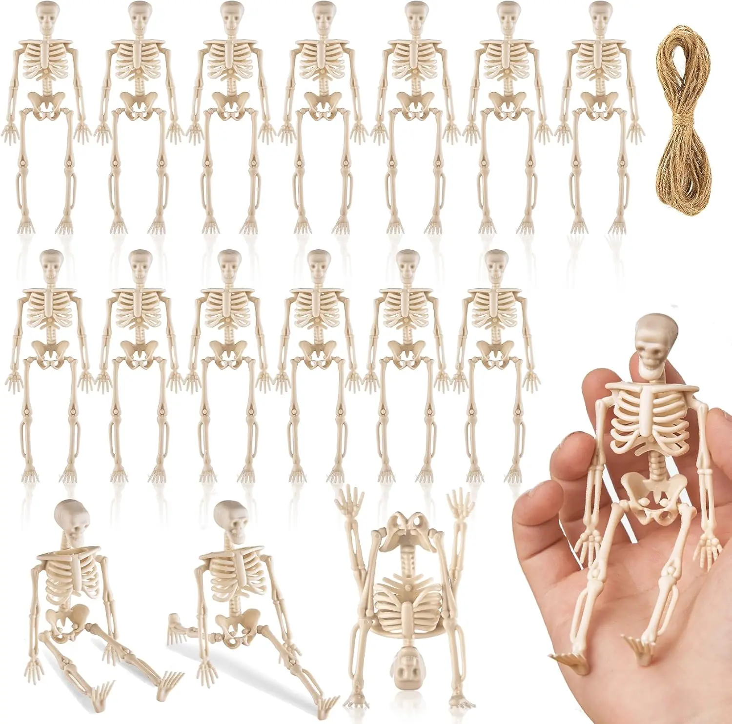 16Pcs 6" Halloween Mini Plastic Skeleton Figurines Decorations Set | Small Posable Skeleton with 360° Rotating Head & Legs for Halloween Table, Party Favors, Spooky Home & Haunted House Decor