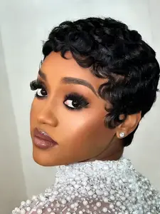 Short Pixie Cut Wigs Human Hair Wig Layered Curly Wigs Breathable Full Machine Made Wig For Women Glueless Wear Black  99J