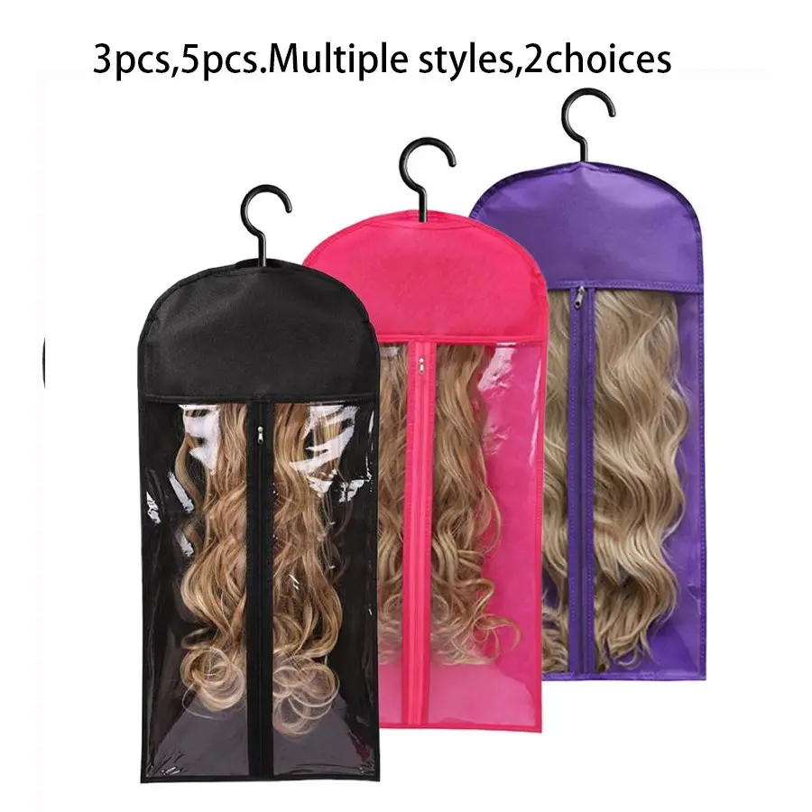 3/5PCS Wig Storage Bag With Hook Wig Storage Hanger Zipper Transparent Dustproof Design Wig Storage Bag, Hair Extension Holder Wig Bag Wig Storage For Multiple Wigs Holder Hair Extension Hanger Wig Tool Wigs Accessories For Salon & Home Use