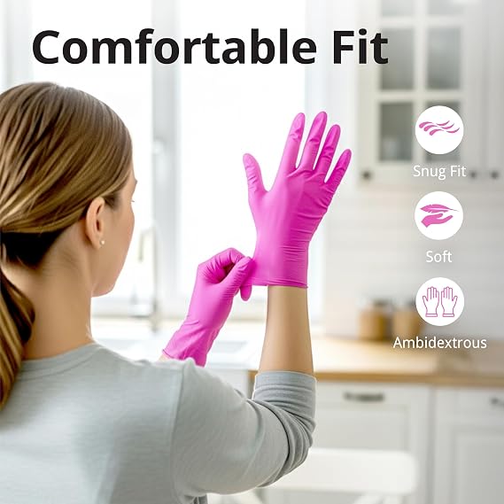 20/50 PC 9'' – Fuchsia Pink Nitrile Gloves – Disposable Latex Free & Powder Free– Chemical Resistant, Pink Rubber Gloves