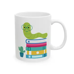 Back To School Book Worm Ceramic Mug, Fun Plant Lover's Gift, Unique Coffee Cup, Greenery Decor, Ideal for Plant Parents, Birthday Gift