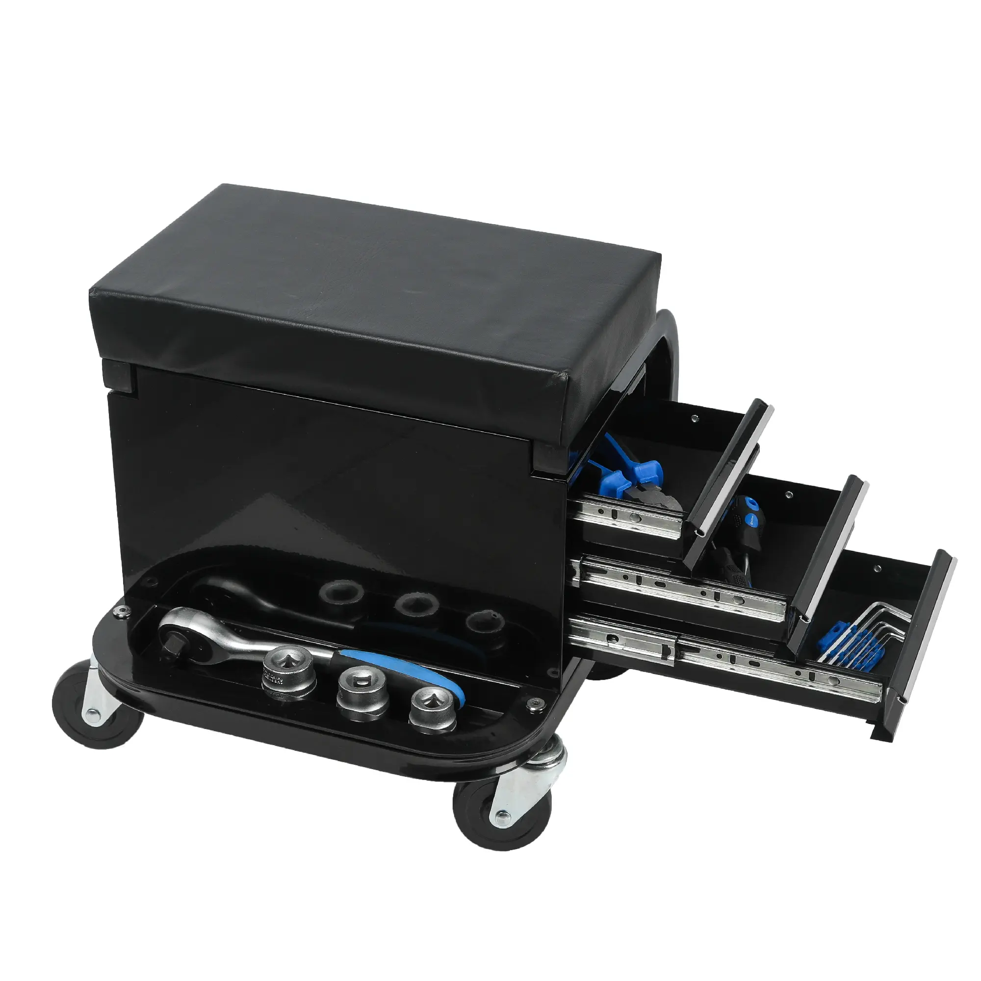 Mechanic Rolling Stool with 3 Drawers, Heavy-Duty Steel, Padded Vinyl Seat, 350 lb Capacity, 360° Swivel Casters, Black