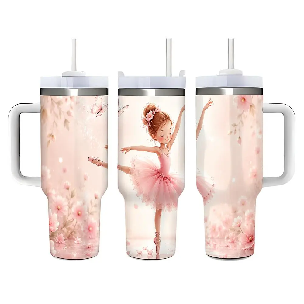 40oz Pink Ballerina & Butterfly Floral Stainless Steel Vacuum Flask - Leak-Proof, Double Wall Insulated, with Handle, Straw & Lid, Fits Most Car Cup Holders, Ideal for Car & Home, Coffee/Drink/Iced Tea Use, Birthday Holiday Gifts