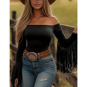 Women's Vintage Western Fringe Slim-Fit T-Shirt Boho Cowgirl Crop Top for Music Festivals Date Nights & Everyday Wear Retro Western Aesthetic Stretch Fabric Off Shoulder Cut Tassel Details