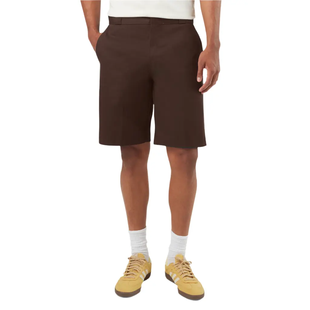 Dickies Original Men's 11" Dark Brown Plain Cotton Casual Fit Workwear Shorts - Stainproof Medium-Length, Permanent Crease, Print Waistband, Pocket Design, Stainproof Men's Shorts, Medium-Length Men's Shorts