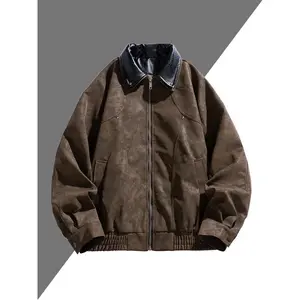 Men's Vintage Work Style Jacket with PU Suede Fabric and Contrasting Leather Collar, Perfect for Casual Outings and Mature Fashion, Fall and Winter Loose Fit