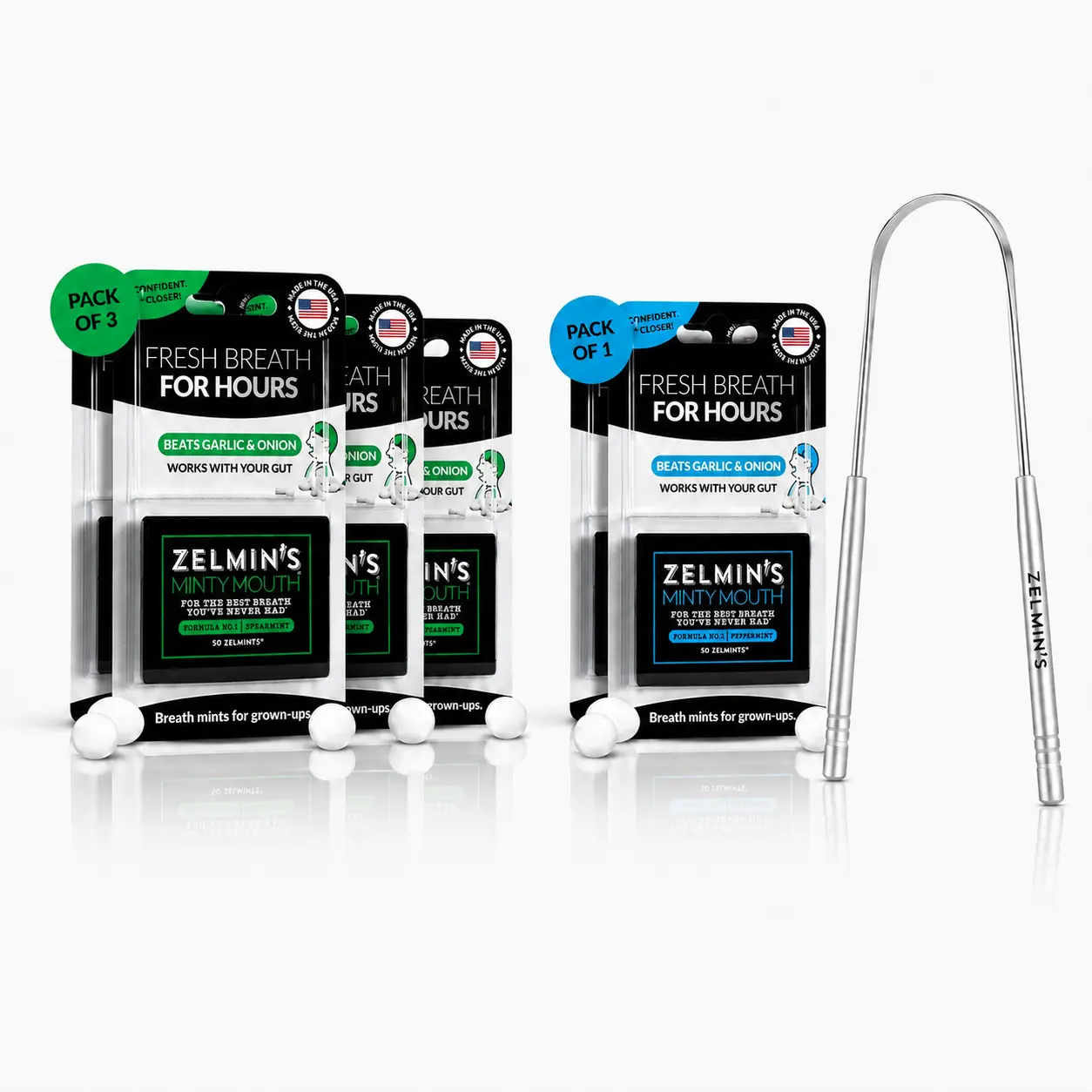 Zelmin's Minty Mouth Fresh Breath Kit - Spearmint 3-Pack, Peppermint 1-Pack, 2-Handle Stainless Steel Tongue Scraper, Crisp Refreshing Breath Freshener Capsules, Oral Gel