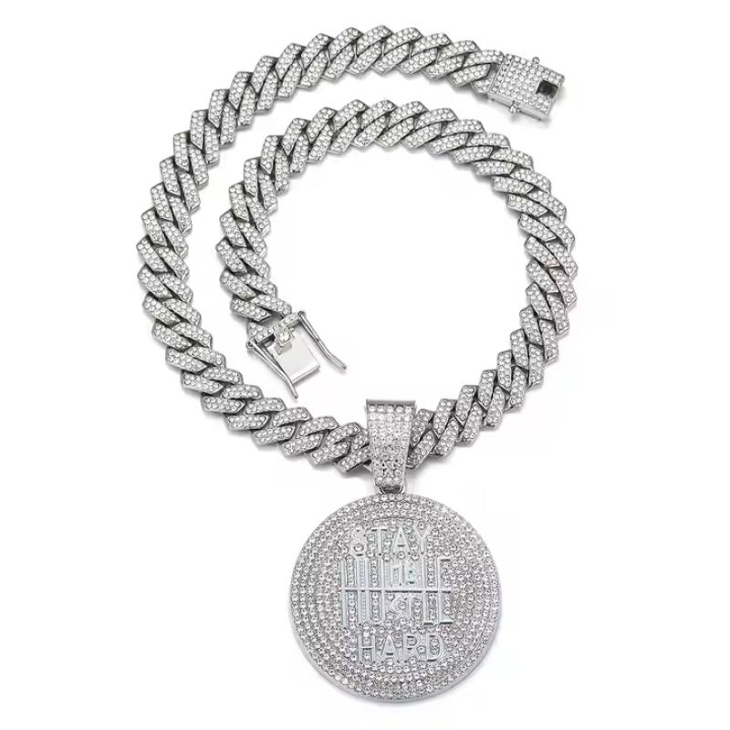 Chicago Necklace Silver Plated STAY HUMBLE HUSTLE HARD Pendant & 14mm 20" Iced out Cubic Zirconia Zig Zag Cuban Bling Chain Hip Hop Necklace