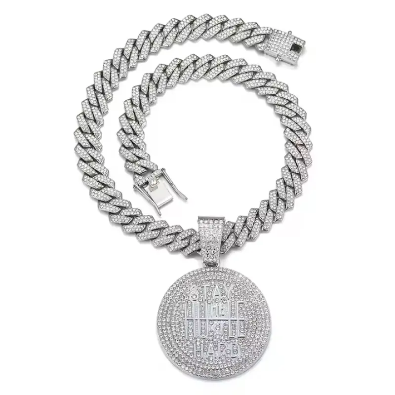 Chicago Necklace Silver Plated STAY HUMBLE HUSTLE HARD Pendant & 14mm 20" Iced out Cubic Zirconia Zig Zag Cuban Bling Chain Hip Hop Necklace