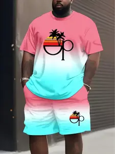 Men's Geometric Print Tropical Casual T-Shirt and Track Shorts Set, Top, Polyester Material, Summer Sports, Party, Travel, Gift