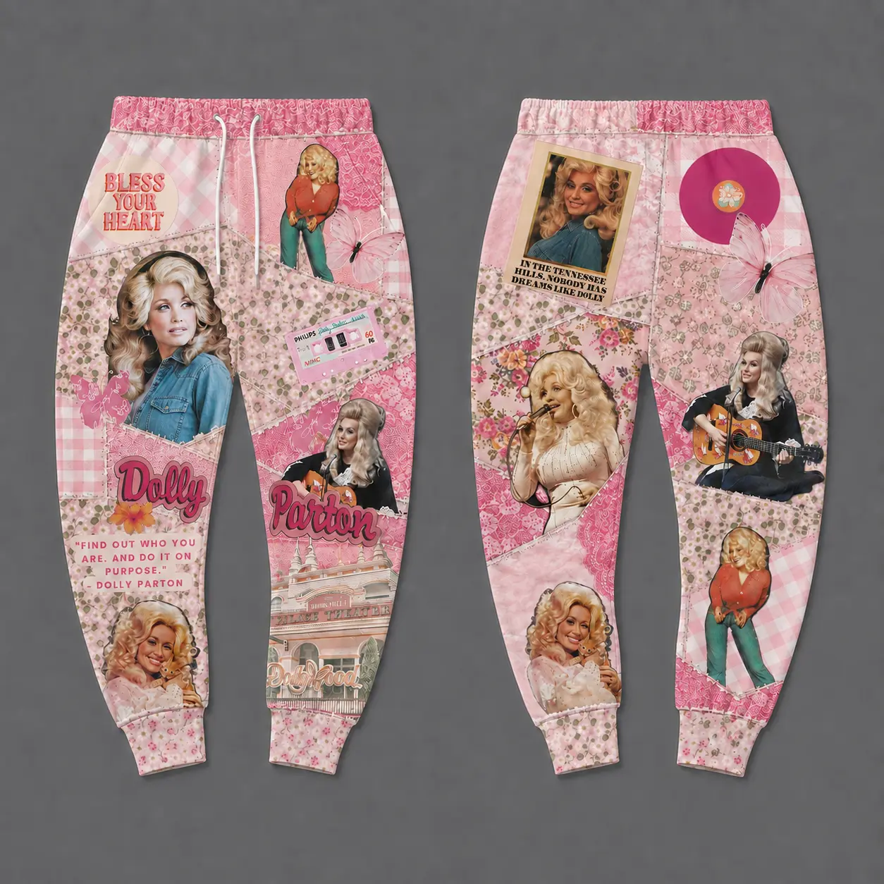 Dolly Parton Faux Reworked Patchwork Sweatpants, Women’s Pink Country Music Collage Joggers, Vintage Graphic Pants, Fan Gift