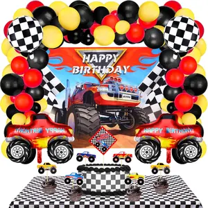 83 Pieces Truck Birthday Party Supplies Truck Balloon Decoration Set Include 1 Truck Theme Backdrop 70 Truck Balloons 2 Mosaic Race Foil Balloons 1 Table Cover 7 Cupcake Topper for Men Birthday Party