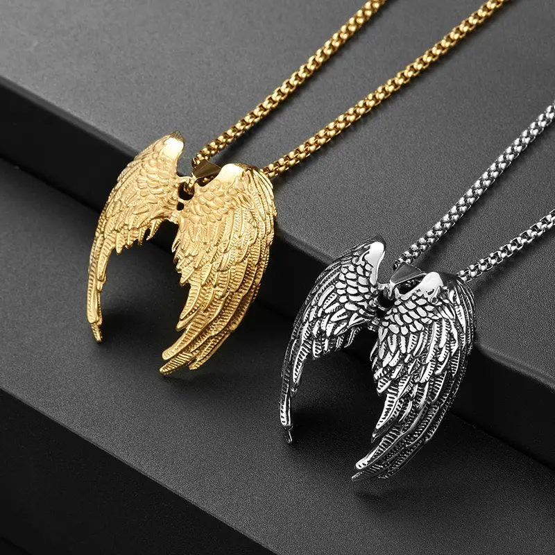 Unisex Solid Silver Angel Feather Wing Pendant Necklace with Artificial Gemstone, Exquisite Titanium Steel Chain Jewelry for Adults, Casual Accessory