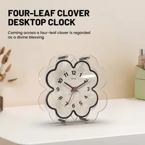 Lucky Four-Leaf Clover Desktop Clock, Analog Clock,Silent Mechanism, Acrylic Pointer Protection, Ideal for Living Room, Bedroom, Office, Perfect Gift