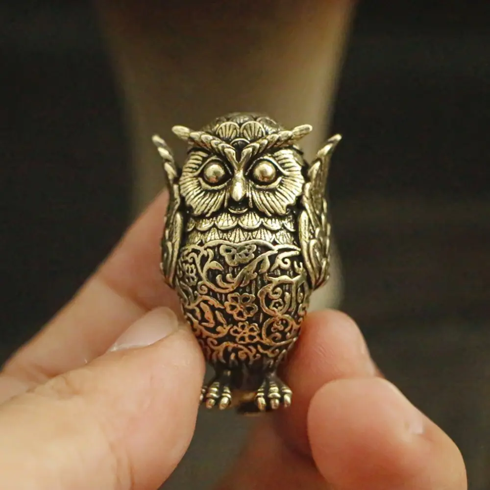 Solid Brass Owl Sculpted Statue, Vintage Handcrafted Figure in "Hear No Evil" Pose for Whimsical Home Decor, Adult Collectible Desktop Accessory