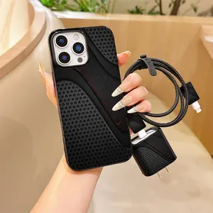 6 Piece Set Elegant Men Business Patchwork Phone Case, Charger Head Cover, Cable Protector, Storage Rope, Data Line Protection