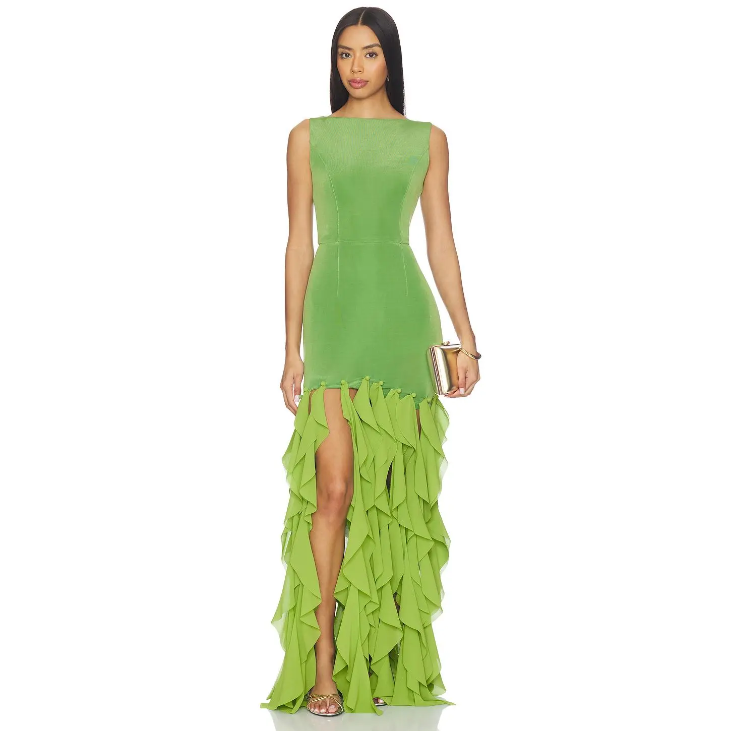 ELLIATT Marison Ruffled Fringe Gown in Fern Green