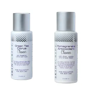 Double Cleansing Duo-Green Tea Citrus Cleanser The Green Tea Citrus Cleanser is a foamy, gentle cleansing option for environmentally challenged skin. And Pomegranate Antioxidant Cleanser Pomegranate Antioxidant Cleanser is a moderately rich cream-based