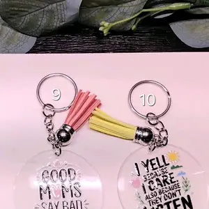 Round Keychain with Tassel Charm - Good Moms Say Bad Words & I Yell Because I Care Design - Perfect Gift for Moms