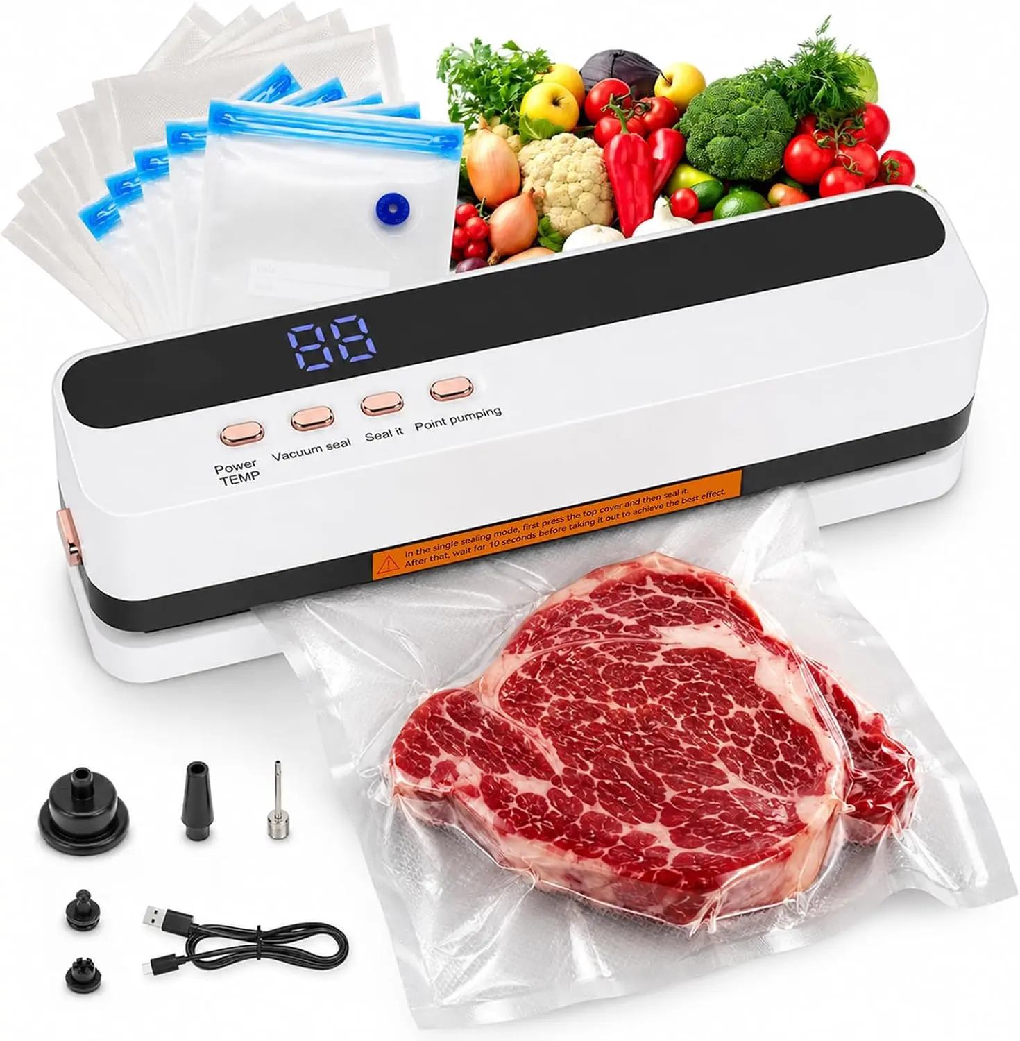 Portable Cordless Vacuum Sealer Machine, Rechargeable Food Vacuum Sealer with 65KPa Suction, Dry & Wet Modes, LED Display, 10 Vacuum Sealer Bags Included, Reusable Food Storage Sealer for Meal Prep & Preservation