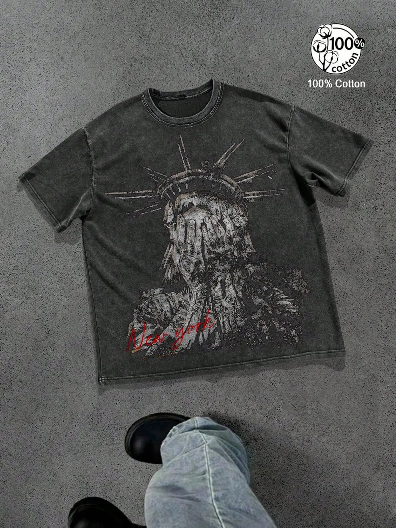 Unisex 100% Cotton Acid Washed Vintage Black & Grey Oversized T-Shirt | Covered Face Statue of Liberty "New York" Print Dark American Retro Streetwear Top