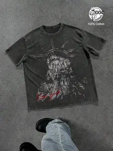 Unisex 100% Cotton Acid Washed Black & Grey Oversized T-Shirt | Covered Face Statue of Liberty "New York" Print Dark American Retro Streetwear Top
