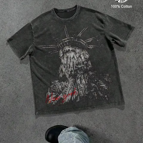 Unisex 100% Cotton Acid Wash Oversized T-Shirt, Casual Printed, Covered-Face Skeleton Statue of Liberty "New York" Print, Dark American Streetwear Top