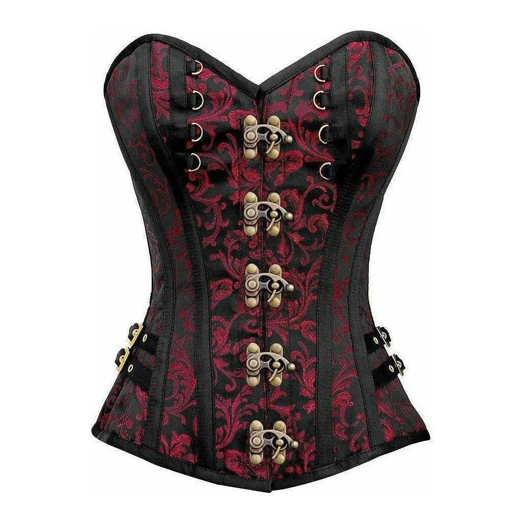 Top Drawer Black/Red Swirl Brocade Steel Boned Overbust Corset w/Buckles