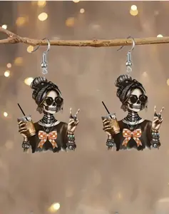 Stylish Halloween Black Geometric Skull Print Dangle Earrings, Fashionable & Lightweight, Suitable For Everyday And Parties, Couple Earrings, Cool Gift For Halloween To Family, Friends, Classmates