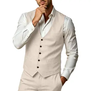 WOMS Mens Linen Suit 2 Piece Casual Summer Suits for Men Groomsmen Beach Wedding Party Vest Pants Suit