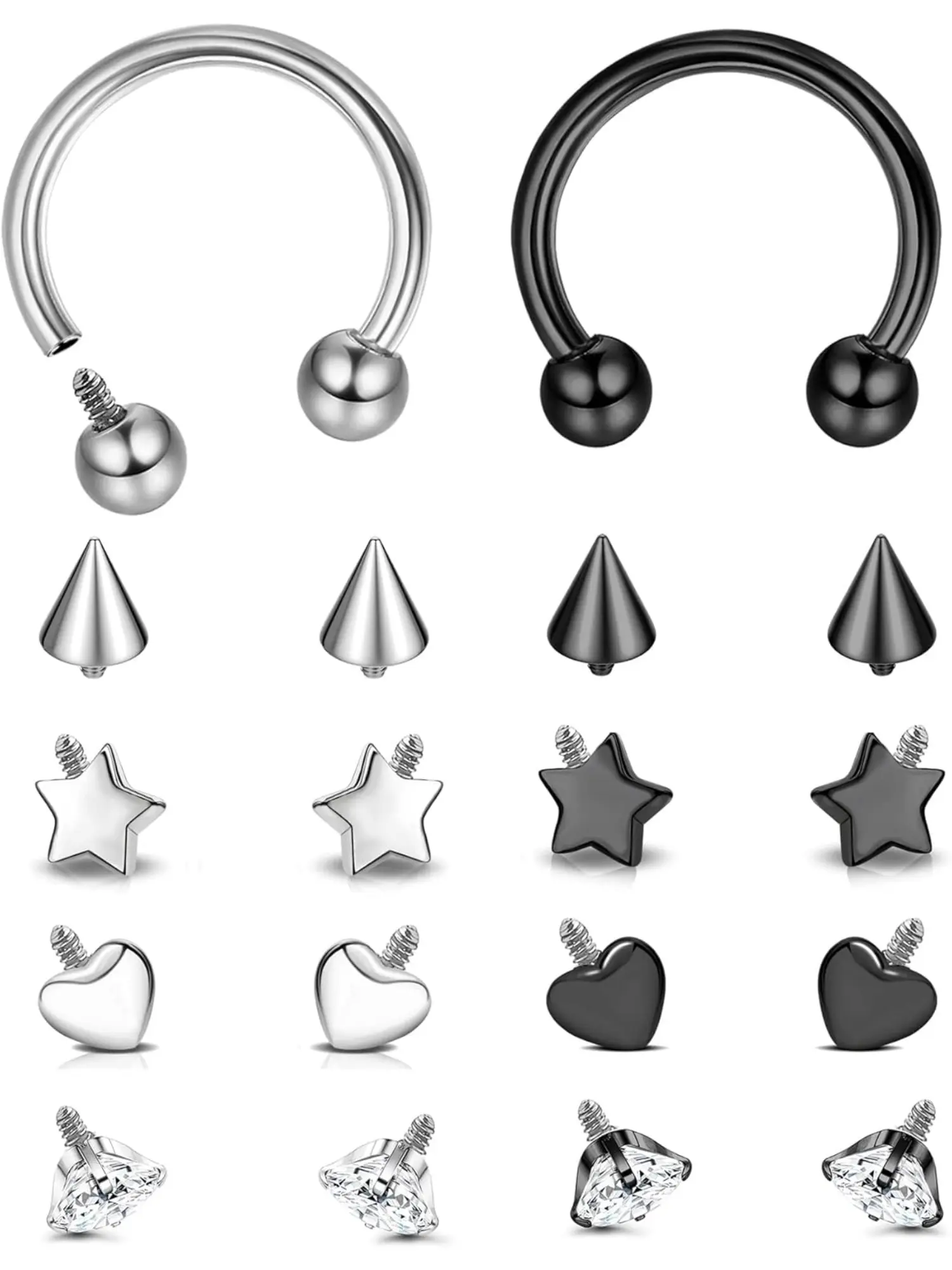 2 Pcs Black Silvery Septum Rings, Septum Clicker, Body Piercing Jewelry, Implant Grade G23 Titanium for Women Men Internally Threaded Horseshoe Hoop Helix Daith Cartilage Tragus Earrings Circular Barbell Piercing Jewelry for Eyebrow Lip Nose