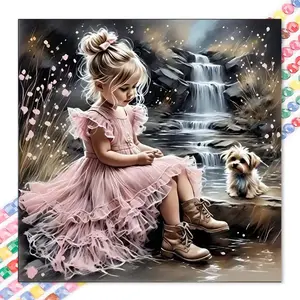 1 DIY diamond painting kit, 5D diamond art set, DIY decoration, waterfall, puppy, girl diamond painting kit full round diamonds, mosaic, diamond art, DIY art home decor, suitable for Christmas.