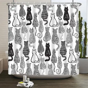 Black and White Cat Silhouette Shower Curtain - Minimalist Line Art Cat Pattern, Waterproof Fabric Bath Curtain with 12 Hooks | Modern Cat Lover Bathroom Decor #showercurtain #catdecor #minimalist #lineart #bathroomaccessories