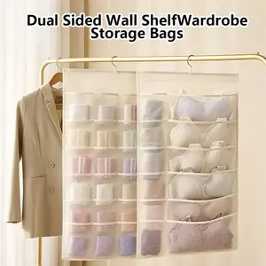 Bra and Underwear Closet Hanging Organizer,Closet Hanging Organizer with Mesh Pockets & Rotating Metal Hanger,Dual Sided Wall Shelf Wardrobe Storage Bags for Bra Socks Underwear Underpants (12+18 Pockets Beige)