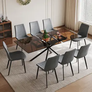 59" Expandable Modern Dining Table with Retractable Leaf, Space Saving Glass Top & Steel X-Base for Small Kitchen Apartment, Dark Brown