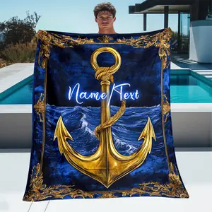 Personalized Nautical Anchor Print Throw Blanket, Custom Name Text Nautical Themed Cozy Blanket, Soft Fluffy Lightweight Blanket for All Seasons, Anti-Pilling Washable Decorative Blanket