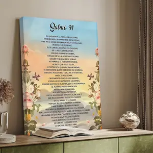 Psalm 91 Bilingual Spanish and English Retro Frame Canvas Wall Art - Serene Flowers and Sky Design, Decorative Style, Ink Canvas, Ready-to-Hang Home Office Cafe Decoration, Perfect Gift for Holidays and Birthda