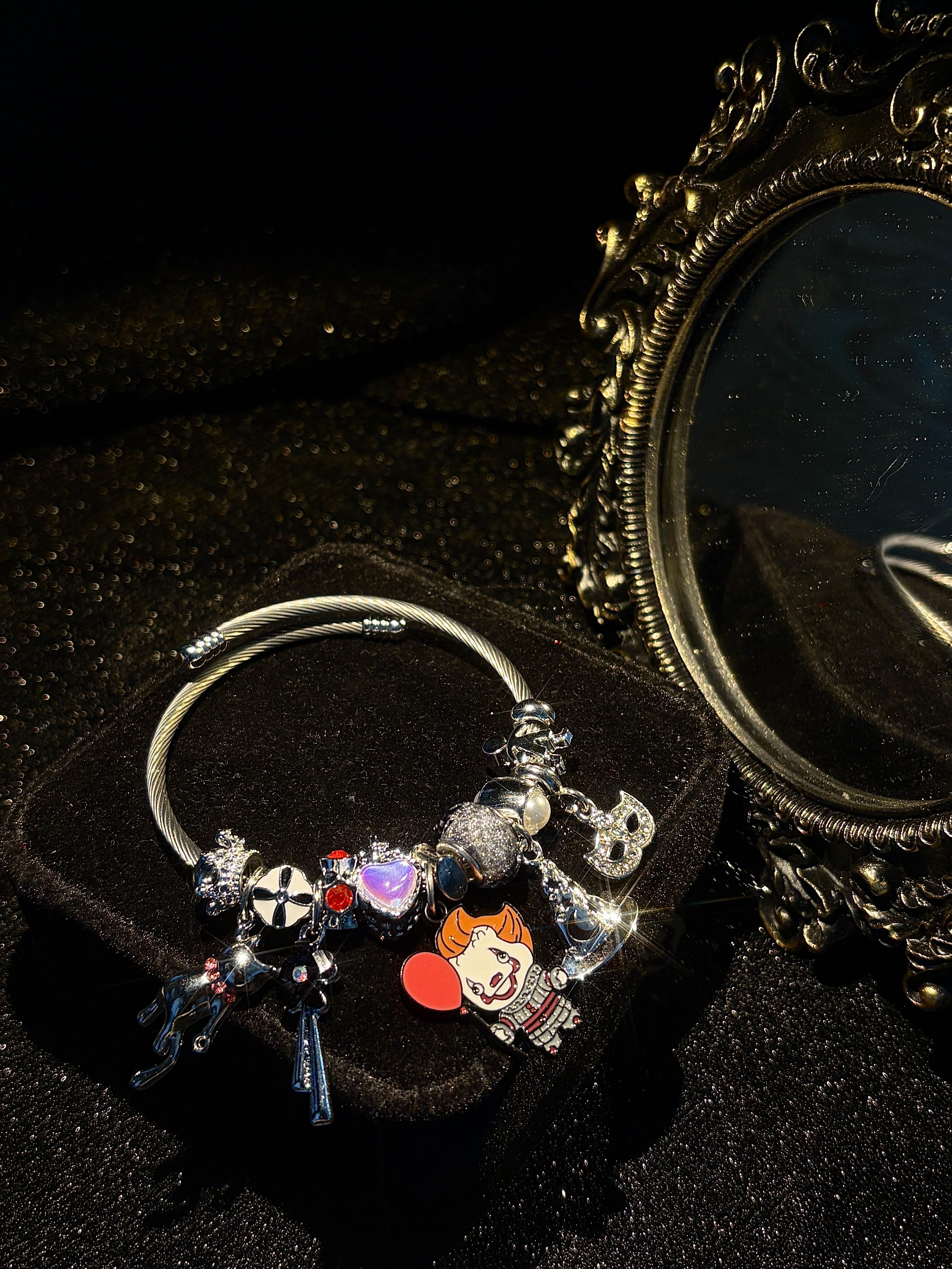Halloween Clown Charm Bangle Bracelet, Silver Tone Adjustable Wire Bangle with Witch Hat Heart Dangle Charms, Gothic Spooky Costume Jewelry Gift for Women Girls Halloween Clown Charm Bangle Bracelet, Silver Tone Adjustable Wire Bangle with Witch Hat Heart Dangle Charms, Gothic Spooky Costume Jewelry Gift for Women Girls