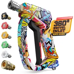 Short Pressure Washer Gun with Swivel 3/8" & M22-14mm Connect High Pressure Washer Handle with 5 Spray Nozzle, 1/4" Quick Connector Coupler Power Washer Gun Compatible with Foam Cannon