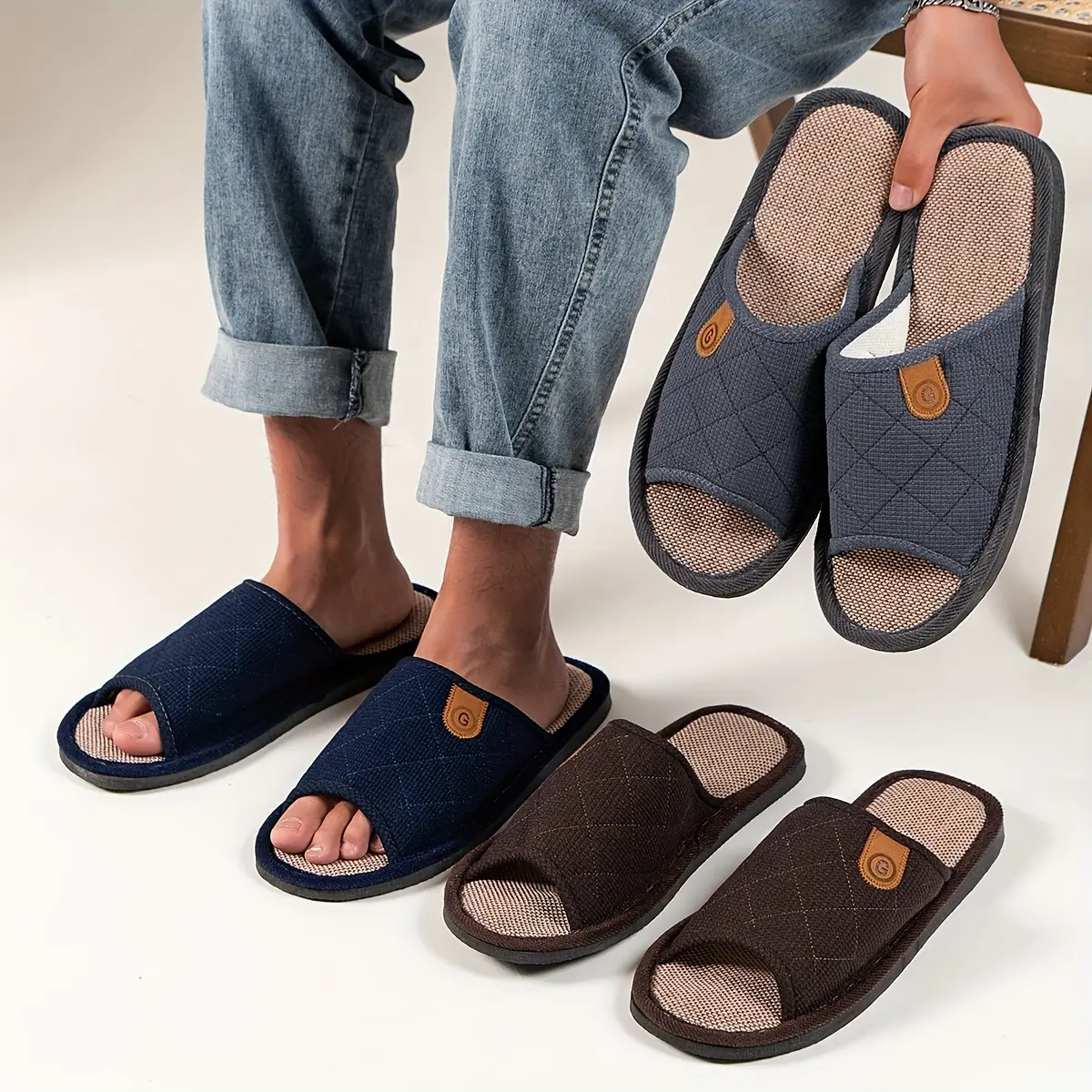 Men's Linen Open-Toe Slide Slippers | Breathable Quilted House Shoes | Non-Slip Indoor/Outdoor Slides (US Sizes)