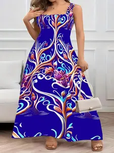 Women's Plus Size Floral Print Sleeveless Dress - Square Neck Loose Fit Mid-Length Dress with Vibrant Pink & Blue Floral Pattern, Breathable Machine-Washable Casual Spring/Summer Dress for Brunch, Shopping & Picnics,  Womenswear