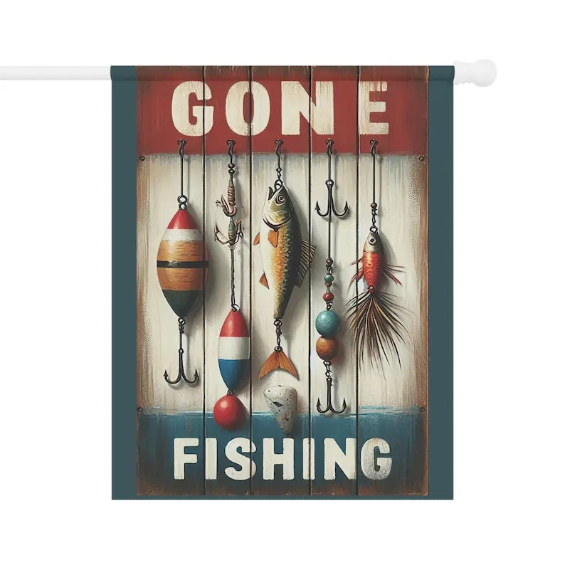 Gone Fishing Flag: Lures & Fish Decor, Lake House Gift