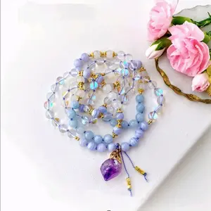 Intergalactic Empress Mala Necklace with Cosmic Angel Quartz, Blue Agate, and Aquamarine Stones